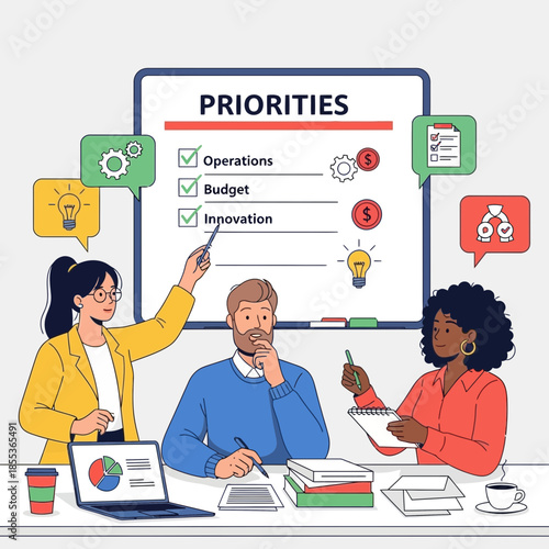 Business team prioritizing operations, budget, and innovation on whiteboard.