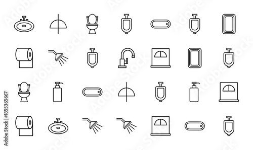 Bathroom and sanitary line icon set. Vector pictograms of toilet, sink, shower head, urinal, faucet, bathtub, soap dispenser, scale, and paper roll, thin outline illustration.