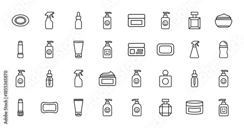 Cosmetics and skincare line icon set. Vector pictograms of lotion, cream, soap, perfume, serum, spray, and lipstick, thin black outline illustration.
