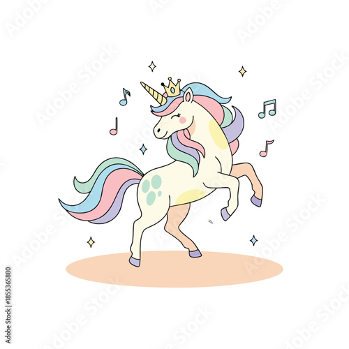 Cute Unicorn Dancing with Musical Notes.