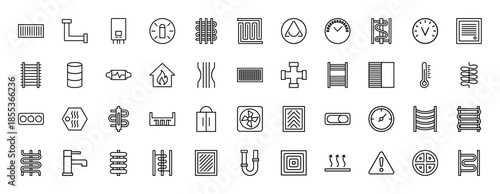 Heating and plumbing line icon set. Vector pictograms of radiator, pipe, boiler, valve, fan, thermometer, faucet, and pressure gauge, thin outline illustration.