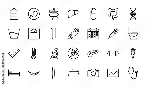 Digestive system medical icon set. Vector pictograms of stomach, liver, intestine, dna, pill, bacteria, pancreas, and stethoscope, thin line outline illustration.