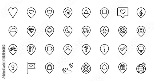 Map pin line icon set. Vector pictograms of heart, house, cloud, diamond, sun, moon, truck, airplane, bicycle, coffee, user, checkmark, and gift, thin outline illustration.