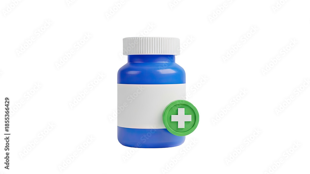Obraz premium 3D Blue medicine bottle with white label and green cross icon on transparent background