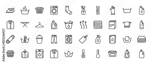 Laundry line icon set. Vector pictograms of washing machine, iron, basket, detergent, hanger, clothes, safety pin, and temperature symbols, thin outline illustration.