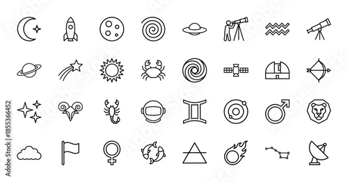 Space and astrology line icon set featuring vector pictograms of planets, zodiac signs, rockets, telescopes, satellites, and astronomical symbols, thin outline illustration.