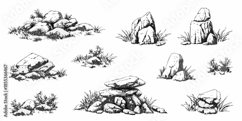 A collection of sketched stones and rocks with surrounding foliage
