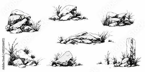 A collection of sketched rocks and stones with sparse vegetation