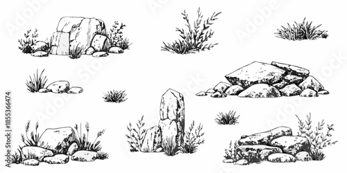 Sketch of varied rock formations and sparse vegetation on a white background