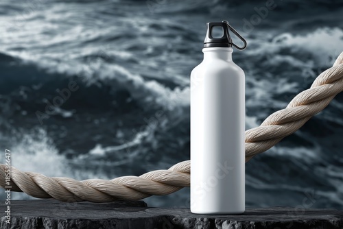 White Metal Flask Mockup On Dark Sea Rock With Rope