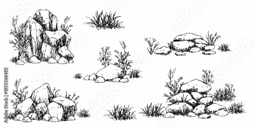 Sketch of various rock formations with surrounding grassy vegetation elements