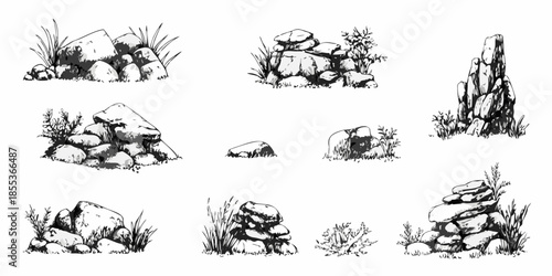 A collection of sketched rocks and vegetation arranged in a natural landscape