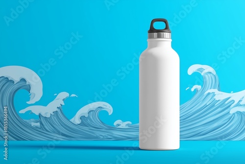 Stylish White Beverage Mockup Bottle Before Blue Paper Cut Waves