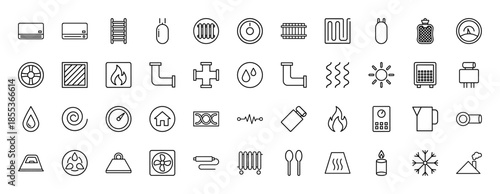 Heating and climate control icon set. Vector pictograms of radiator, air conditioner, thermostat, furnace, pipes, fan, and boiler, black thin outline illustration.
