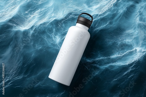 Matte White Sports Bottle Mockup Floating On Rippled Blue Water