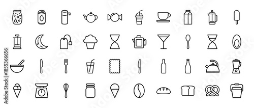 Kitchen and food line icon set. Vector pictograms of kettle, bread, coffee, cupcake, cutlery, bottle, jar, glass, and blender, thin outline illustration.