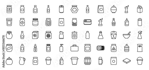 Packaging and storage container line icon set. Vector pictograms of glass jars, bottles, cans, milk cartons, boxes, spray bottles, buckets, and barrels, outline illustration.