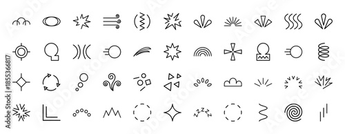 Comic book motion line icon set. Vector pictograms of explosion, wind, sparkle, spiral, bubble, vibration, movement, and impact, black thin outline illustration.