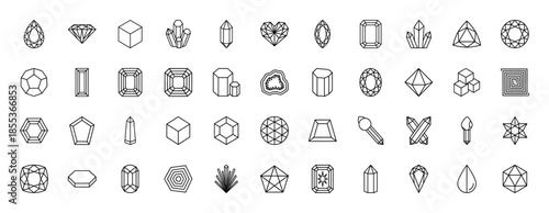 Crystal and gemstone line icon set. Vector pictograms of diamond, quartz, prism, mineral, jewel, geode, cluster, emerald and sapphire shapes, thin outline illustration.