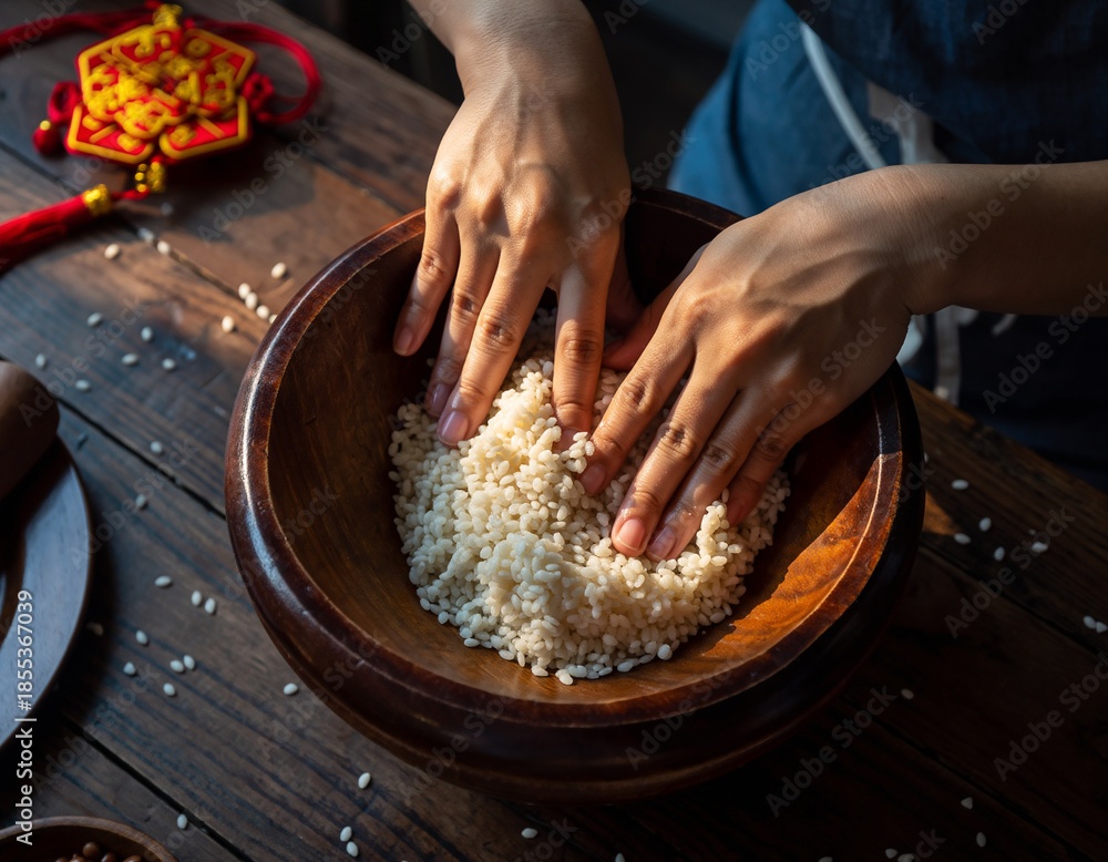 Fototapeta premium Rice Cake Mochi Making. Lunar New Year 2026 (Year of the Horse). A close-up of hands pounding glutinous rice in a wooden mortar to make mochi or Nian Gao (New Year's rice cake). 