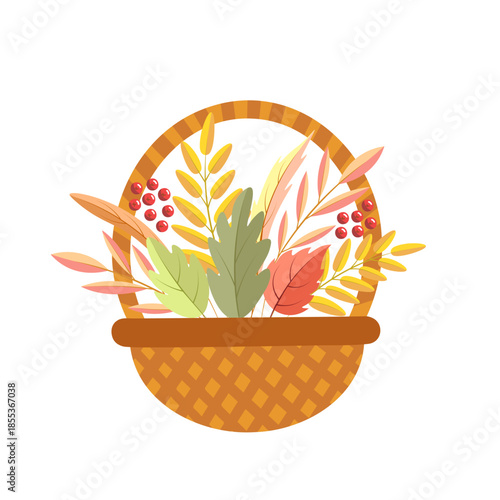 Basket with autumn leaves. Vector Illustration for printing, backgrounds, covers and packaging. Image can be used for greeting cards, posters, stickers and textile. Isolated on white background.