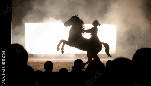 Shadow Puppet Horse Show. Lunar New Year 2026 (Year of the Horse). A dramatic, backlit image of a detailed horse shadow puppet being held up against a large, brightly lit white screen.

