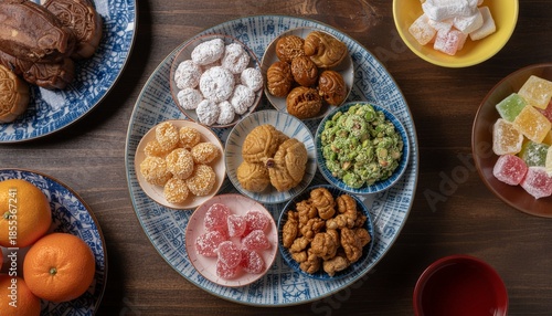 Table of New Year Sweets. Lunar New Year 2026 (Year of the Horse). Variety of colorful traditional Lunar New Year sweets, candied fruits, and pastries, arranged neatly on a decorative, circular tray.
