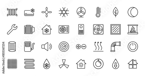 Hvac and climate control icon set. Vector pictograms of air conditioning, heater, fan, radiator, ventilation, thermometer, and thermostat, thin outline illustration.
