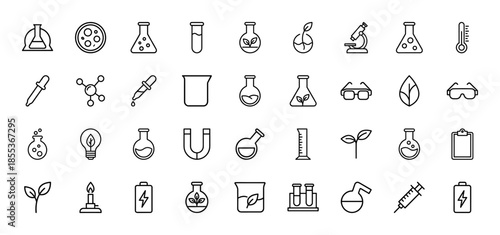 Science and laboratory line icon set. Vector pictograms of flasks, microscope, molecule, beaker, burner, magnet, syringe, and test tubes, thin outline illustration.