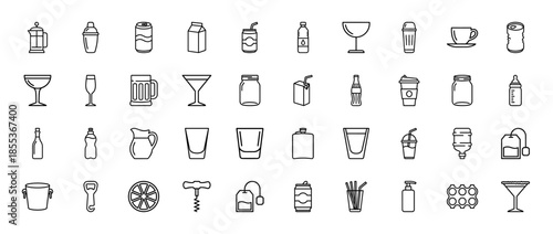 Beverage and bar line icon set. Vector pictograms of glassware, soda can, coffee cup, beer mug, wine bottle, tea bag, cocktail shaker and straws, thin outline illustration.