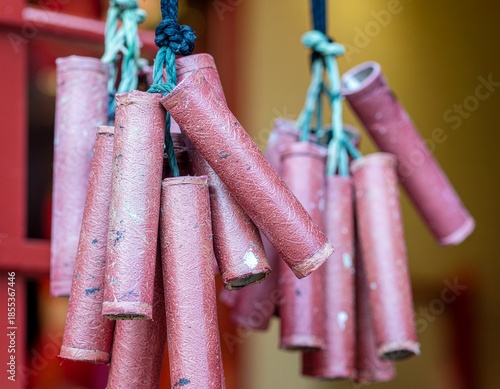 Red Firecracker Strings. Lunar New Year 2026 (Year of the Horse). A close-up of long, coiled strings of traditional red firecrackers hanging from a door frame, ready to be lit.
