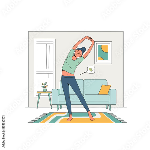 Woman stretching at home in living room, healthy lifestyle, flat illustration