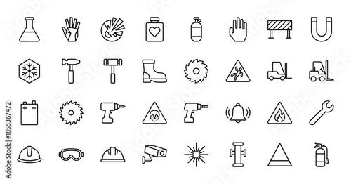 Industrial safety and construction line icon set. Vector pictograms of helmet, goggles, forklift, drill, fire extinguisher, saw, wrench, and hazard signs, outline illustration.