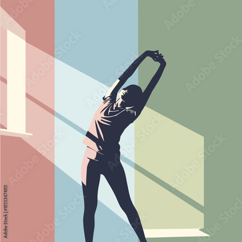Woman stretching in sunlit room, morning yoga pose, healthy lifestyle concept.