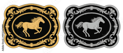 Horse Label Belt Buckle Wild Western Rodeo Ranch Cowboy Style Tag Design, Gold and Silver Stylized Silhouette Vector, Featuring Equestrian Motifs, Country Artwork, and Rustic Western Graphics