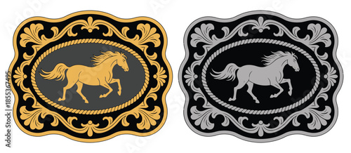 Horse Label Belt Buckle Wild Western Rodeo Ranch Cowboy Style Tag Design, Vector Silhouette in Gold and Silver, Including Rodeo Symbols, Cowboy Culture, Western Festival Artwork, and Ranch Deco