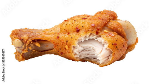 Single spicy fried chicken wing with crispy skin and juicy meat inside isolated on white background