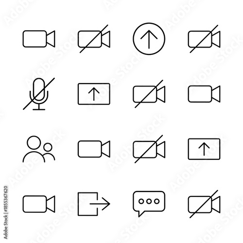 Video conferencing icon set featuring vector pictograms of camera, microphone, screen share, participants, chat bubble, and leave meeting, thin outline illustration.