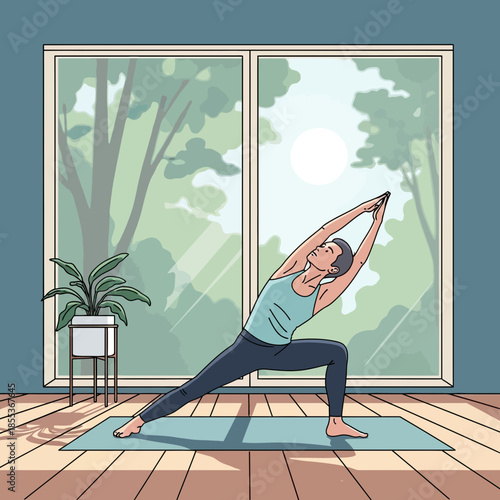 Man practicing yoga in Extended Side Angle pose by a large window with lush greenery.