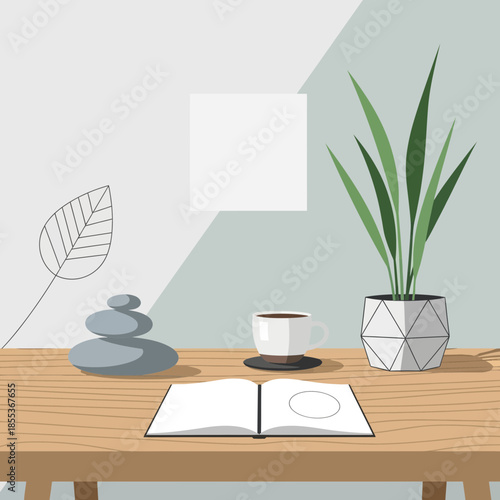 Minimalist Desk Arrangement: Zen Stones, Coffee, Plant, Open Book, and Leaf Art