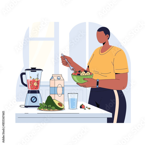 Person preparing healthy breakfast with smoothie and fruit bowl in modern kitchen