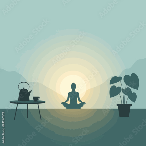 Silhouette meditating in lotus pose at sunrise with tea and plant, serene calm
