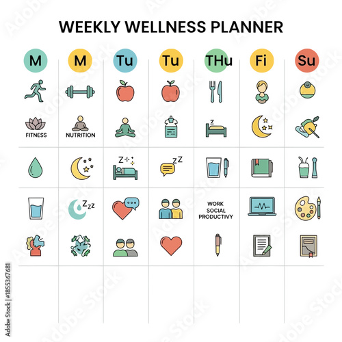 Weekly Wellness Planner Icons: Health, Fitness, Nutrition, Sleep, Work, Hobbies