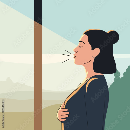 Woman breathing deeply by window, calm morning, mindful moment, nature landscape