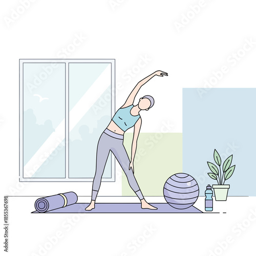 Woman doing yoga stretch at home, fitness mat, exercise ball, and water bottle