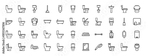 Bathroom and plumbing fixtures icon set. Vector pictograms of toilet, bathtub, urinal, sink, plunger, mirror, shower, and hygiene accessories, thin line illustration.