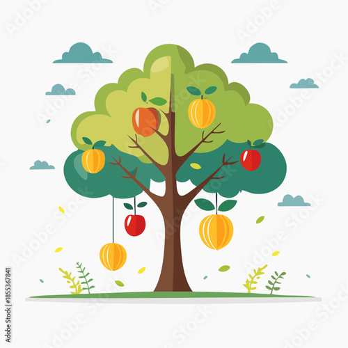 Stylized Apple Tree with Colorful Fruit and Cloudy Sky Illustration.