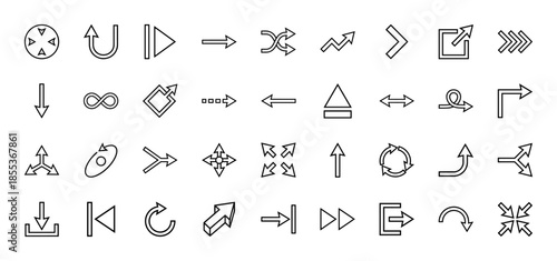 Navigation and interface line icon set. Vector pictograms of arrows, playback controls, shuffle, cycle, download, and directions, thin outline illustration.