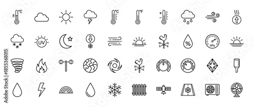 Weather and meteorology line icon set featuring vector pictograms of sun, clouds, lightning, temperature, wind, snow, rain, moon, and pressure, thin outline illustration.