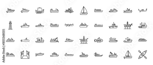 Maritime and water transport icon set. Vector pictograms of yacht, sailboat, cargo ship, submarine, ferry, oil rig, kayak, and jet ski, thin outline illustration.